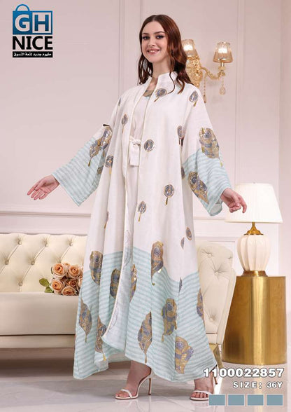 Vera Luxe Feather Print Layered Maxi Abaya Set