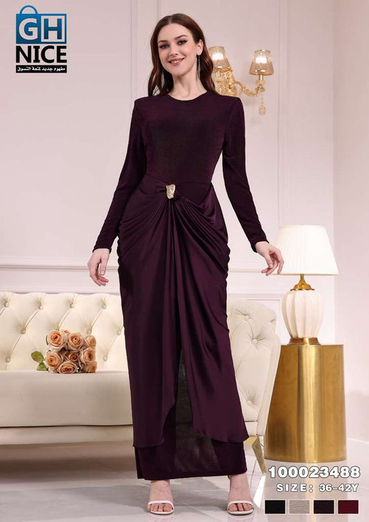 Elegant Draped Waist Maxi Dress with Long Sleeves