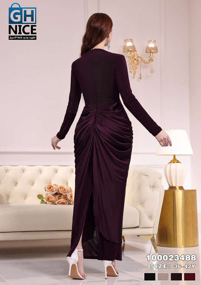 Elegant Draped Waist Maxi Dress with Long Sleeves