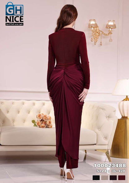 Elegant Draped Waist Maxi Dress with Long Sleeves
