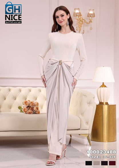 Elegant Draped Waist Maxi Dress with Long Sleeves