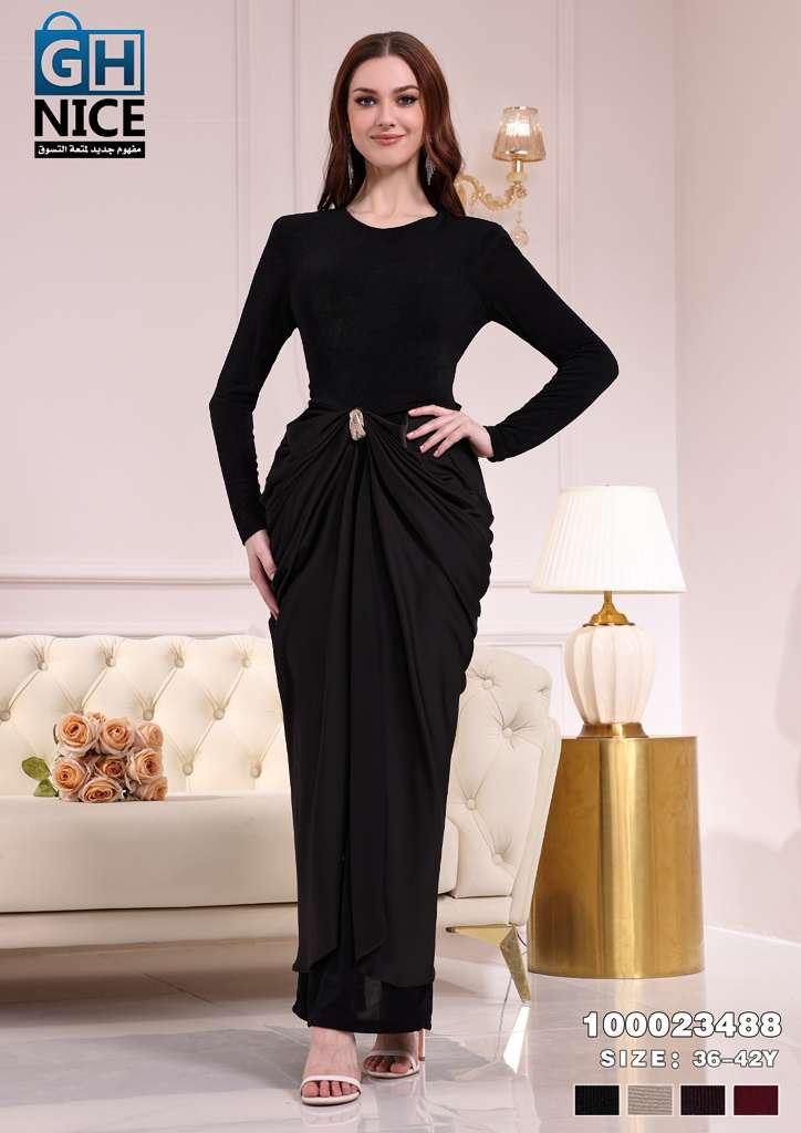 Elegant Draped Waist Maxi Dress with Long Sleeves