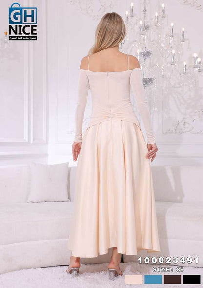 Off-Shoulder Ruched Maxi Dress with Statement Gold Detail