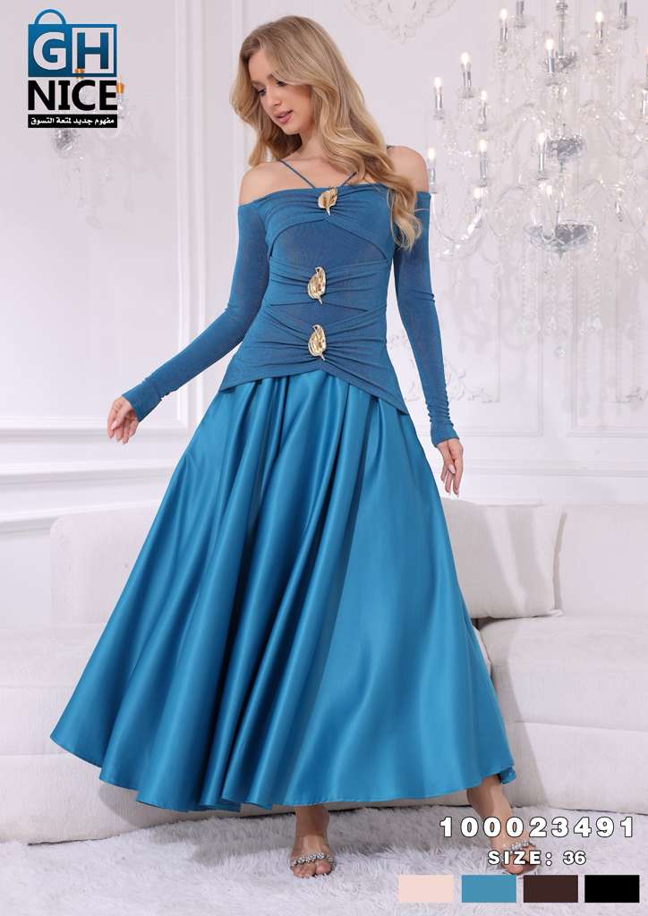 Off-Shoulder Ruched Maxi Dress with Statement Gold Detail
