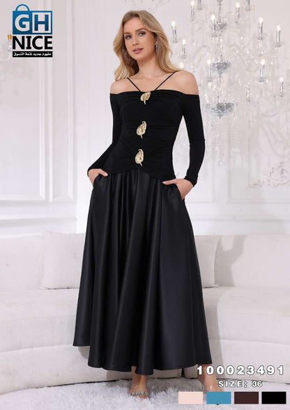 Off-Shoulder Ruched Maxi Dress with Statement Gold Detail
