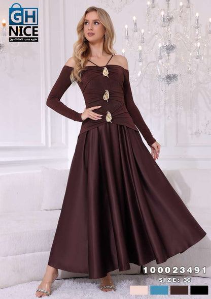 Off-Shoulder Ruched Maxi Dress with Statement Gold Detail