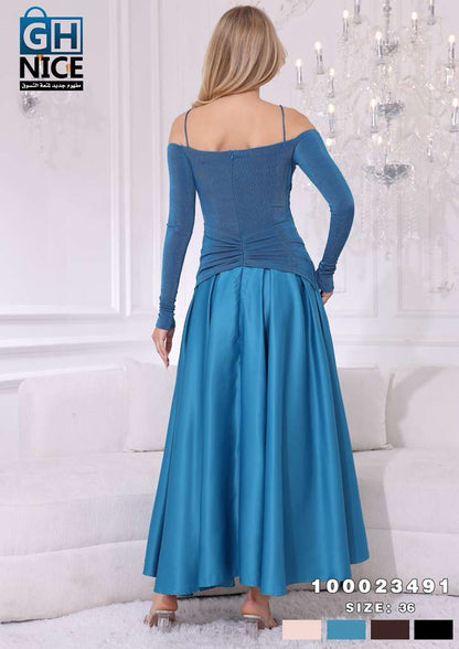 Off-Shoulder Ruched Maxi Dress with Statement Gold Detail