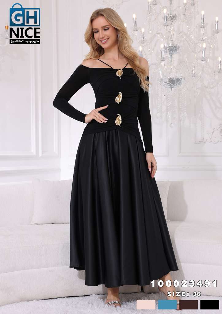 Off-Shoulder Ruched Maxi Dress with Statement Gold Detail