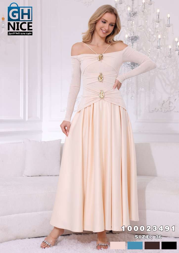 Off-Shoulder Ruched Maxi Dress with Statement Gold Detail