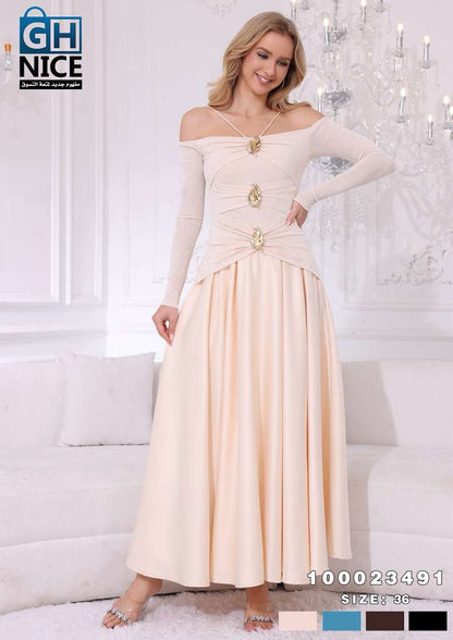 Off-Shoulder Ruched Maxi Dress with Statement Gold Detail