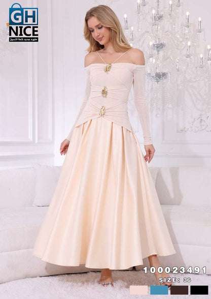 Off-Shoulder Ruched Maxi Dress with Statement Gold Detail