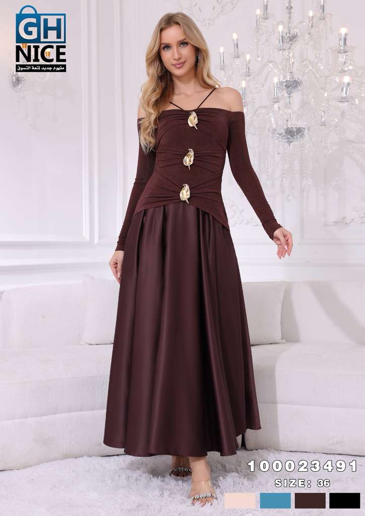 Off-Shoulder Ruched Maxi Dress with Statement Gold Detail