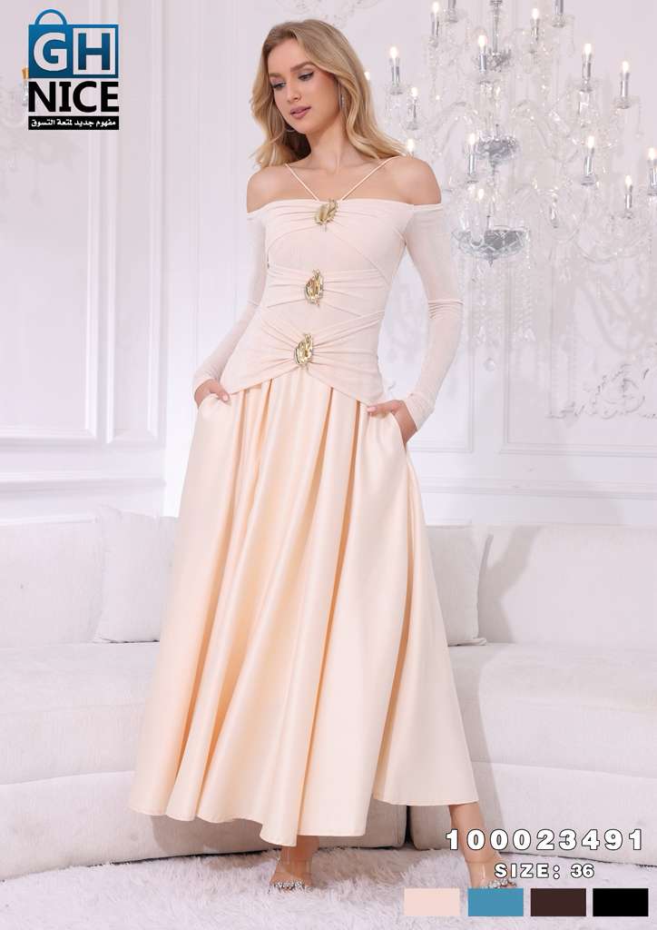 Off-Shoulder Ruched Maxi Dress with Statement Gold Detail
