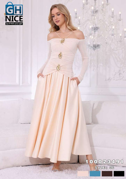 Off-Shoulder Ruched Maxi Dress with Statement Gold Detail