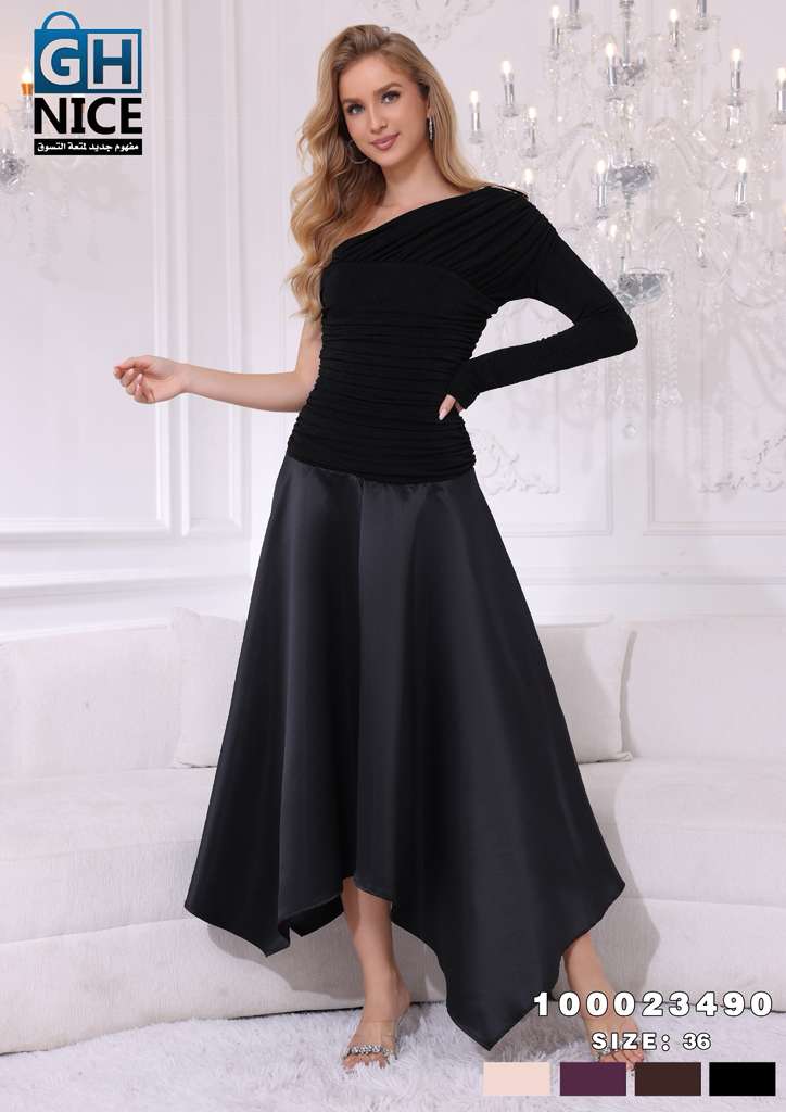 One-Shoulder Ruched Midi Dress with Asymmetric Hem