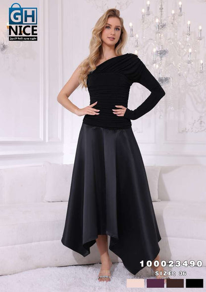 One-Shoulder Ruched Midi Dress with Asymmetric Hem