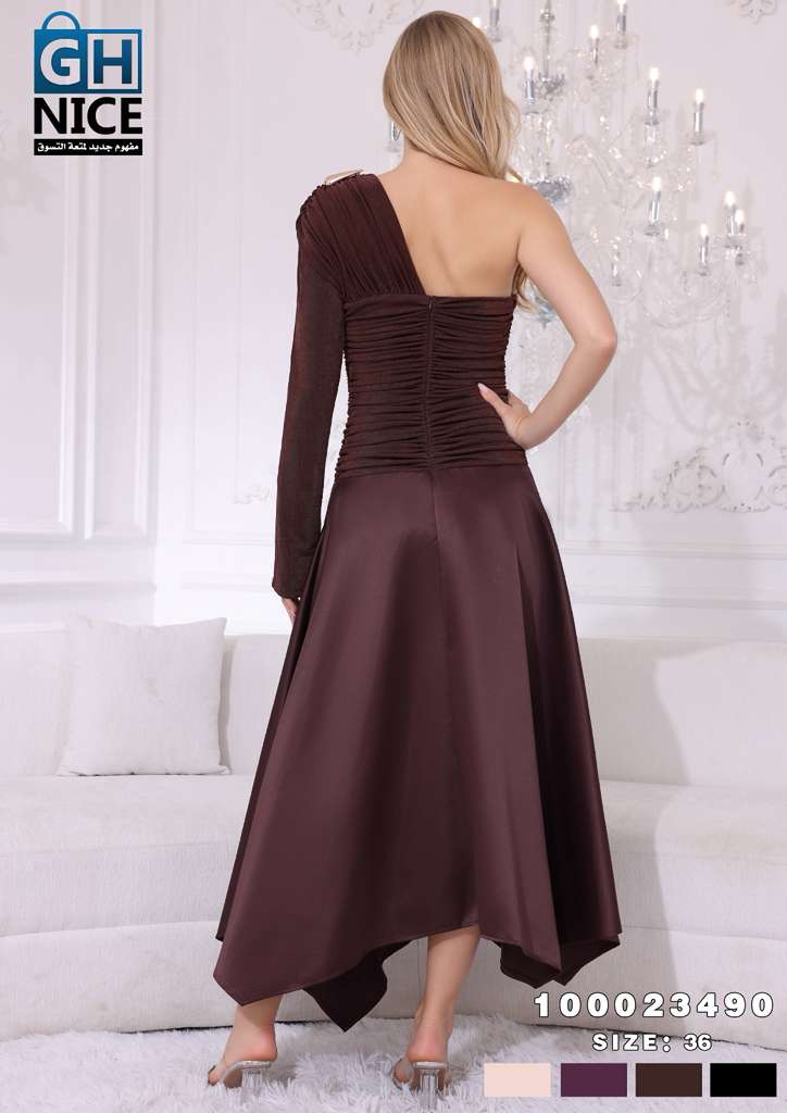 One-Shoulder Ruched Midi Dress with Asymmetric Hem