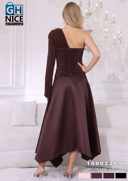 One-Shoulder Ruched Midi Dress with Asymmetric Hem
