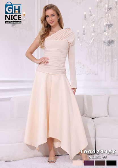 One-Shoulder Ruched Midi Dress with Asymmetric Hem