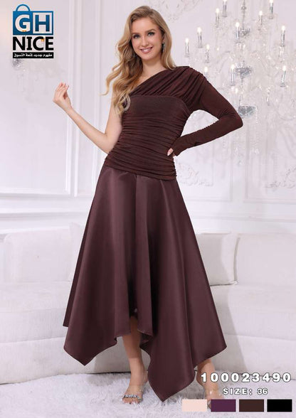 One-Shoulder Ruched Midi Dress with Asymmetric Hem