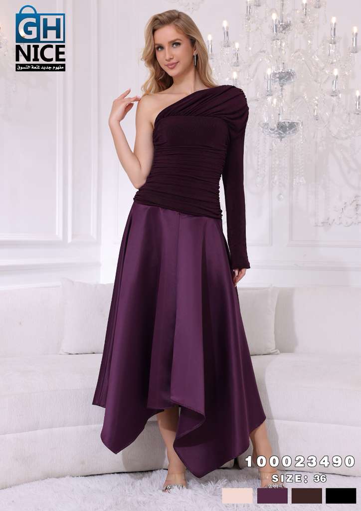One-Shoulder Ruched Midi Dress with Asymmetric Hem