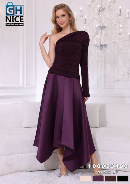 One-Shoulder Ruched Midi Dress with Asymmetric Hem