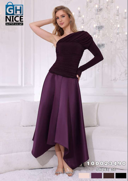 One-Shoulder Ruched Midi Dress with Asymmetric Hem