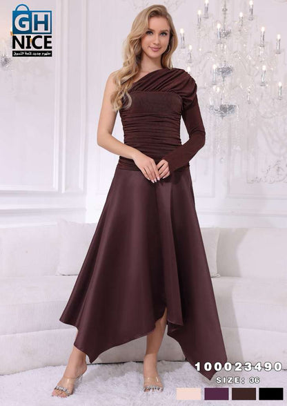 One-Shoulder Ruched Midi Dress with Asymmetric Hem