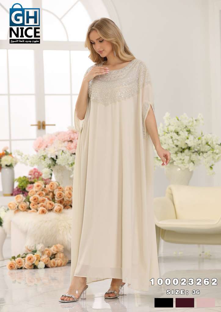 Elegant Beaded Neckline Chiffon Kaftan Maxi Dress