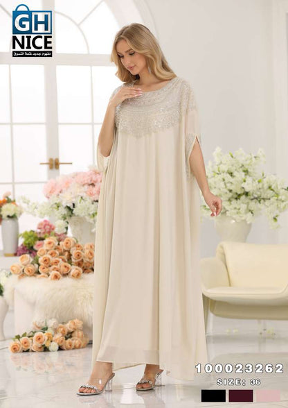 Elegant Beaded Neckline Chiffon Kaftan Maxi Dress