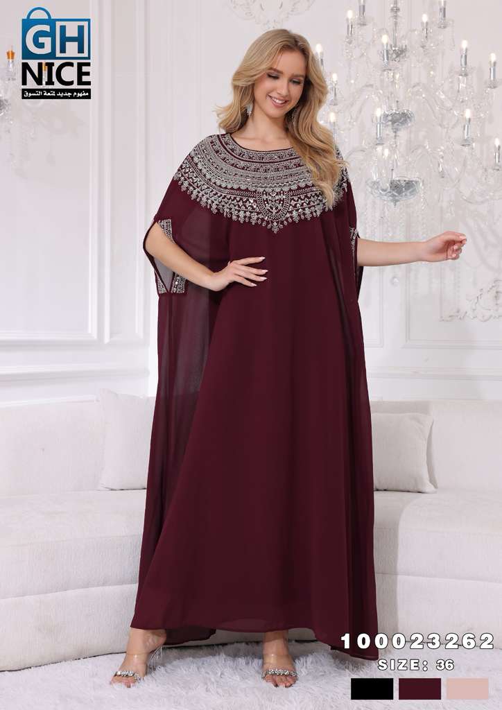 Elegant Beaded Neckline Chiffon Kaftan Maxi Dress