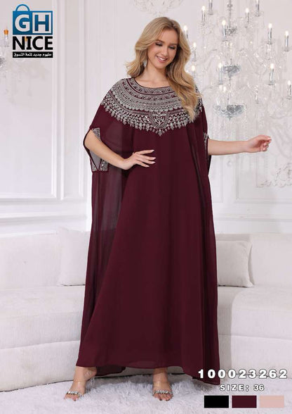 Elegant Beaded Neckline Chiffon Kaftan Maxi Dress