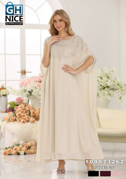 Elegant Beaded Neckline Chiffon Kaftan Maxi Dress