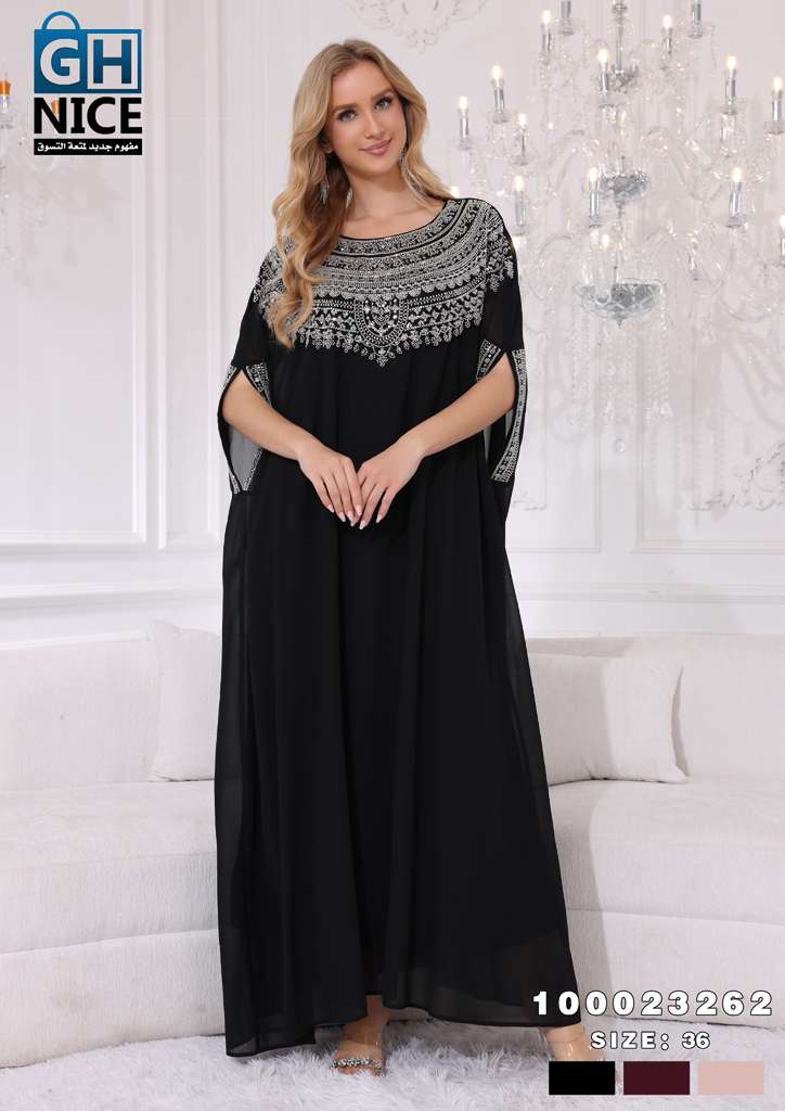 Elegant Beaded Neckline Chiffon Kaftan Maxi Dress