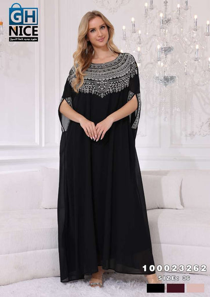 Elegant Beaded Neckline Chiffon Kaftan Maxi Dress