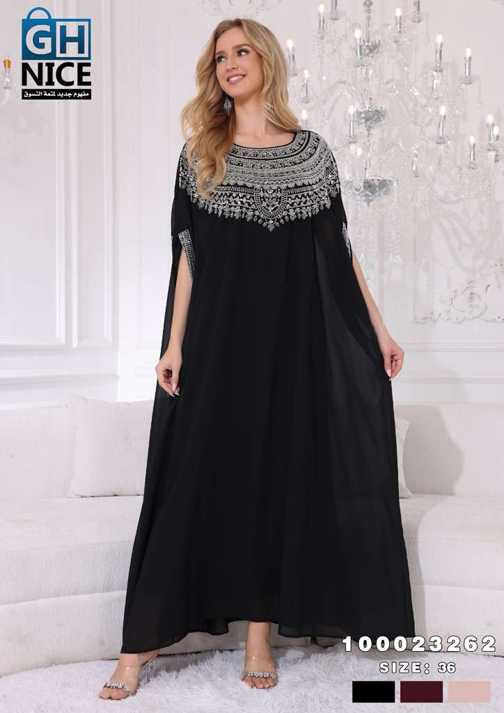 Elegant Beaded Neckline Chiffon Kaftan Maxi Dress