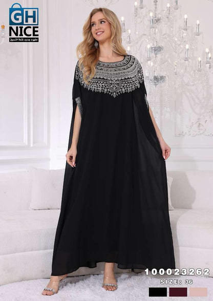 Elegant Beaded Neckline Chiffon Kaftan Maxi Dress
