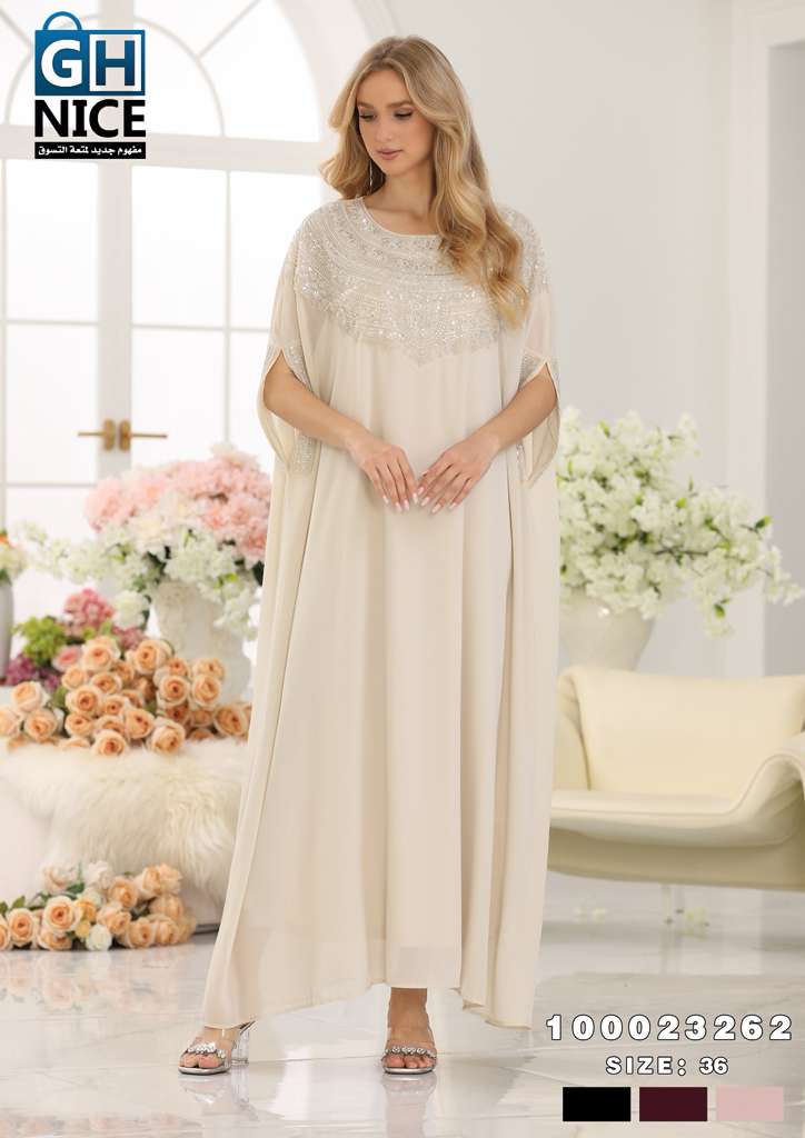 Elegant Beaded Neckline Chiffon Kaftan Maxi Dress