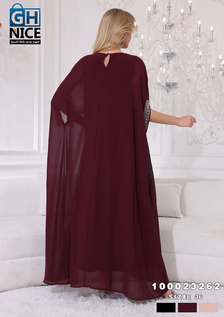 Elegant Beaded Neckline Chiffon Kaftan Maxi Dress
