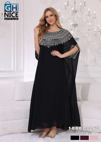 Elegant Beaded Neckline Chiffon Kaftan Maxi Dress