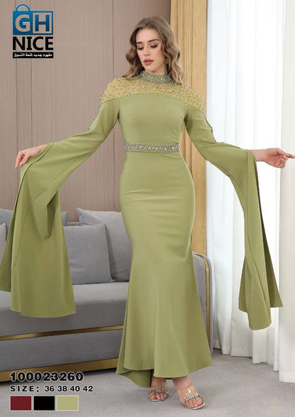 Elegant Beaded Illusion Neck Mermaid Maxi Dress