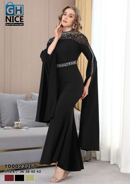 Elegant Beaded Illusion Neck Mermaid Maxi Dress
