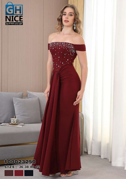 VERA Luxe Off-Shoulder Embellished Evening Maxi Dress