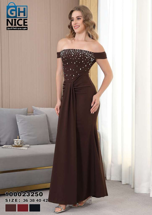 VERA Luxe Off-Shoulder Embellished Evening Maxi Dress