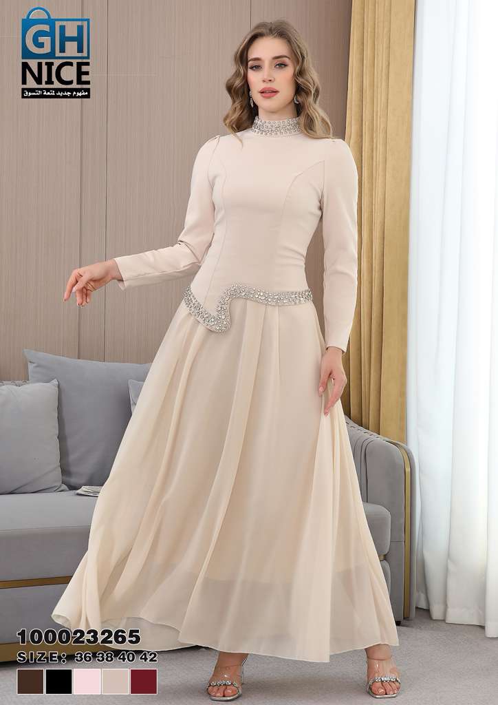 Elegant High-Neck Beaded Waist Maxi Dress