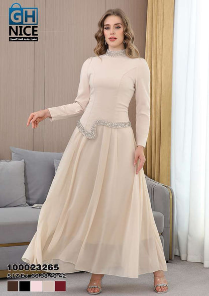 Elegant High-Neck Beaded Waist Maxi Dress