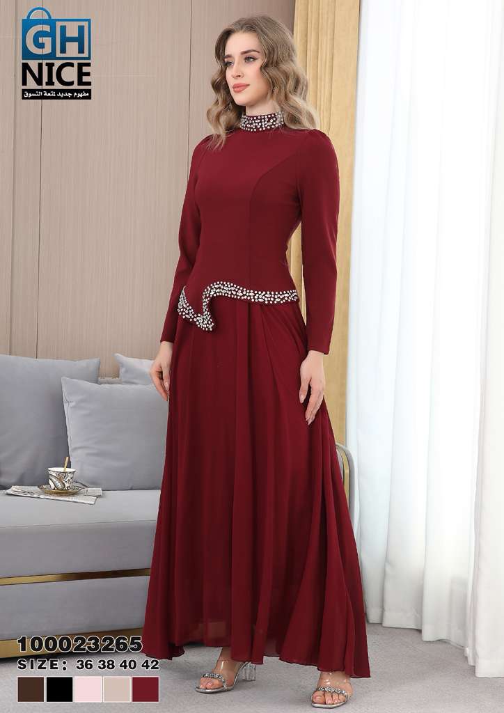 Elegant High-Neck Beaded Waist Maxi Dress