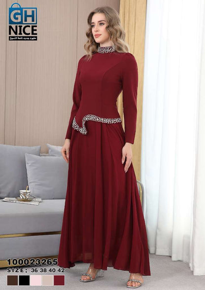 Elegant High-Neck Beaded Waist Maxi Dress