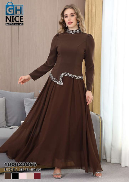 Elegant High-Neck Beaded Waist Maxi Dress