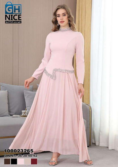 Elegant High-Neck Beaded Waist Maxi Dress